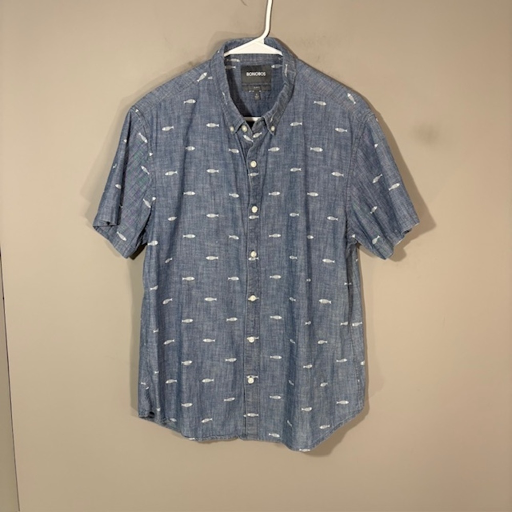 Bonobos Shirt Mens L Blue Chambray Fish Print Slim Fit Short Sleeve Button-Up